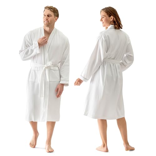 FluffCo Luxury Hotel Waffle Robe | Cotton Waffle Robes for Women & Men | Features Side Pockets & Waist-Tie Belt, White