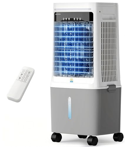 EXNOS Enfriador de Aire Portátil 25L con Agua - Aire Acondicionado sin Tubo de Salida, Oscilación 80°, Mando a Distancia, Temporizador 12H, para Hogar y Oficina, Blanco-Gris