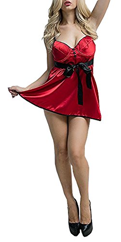 Coswe Women Sexy Plus Size Baby Doll Lingerie Satin Nightgowns With Underwire Red #TOP3
