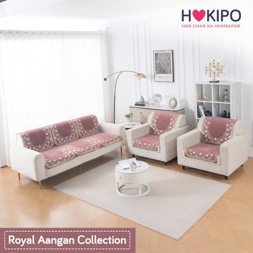 Image of HOKIPO Gulabi Jaal Premium Chenille Jacquard Sofa Cover 5 Seater Set - Washable 3+1+1 Sofa Cover for Seat & Back | 'Royal Aangan Series' (IN-1008-L1*2 + IN-1006-L1*4)