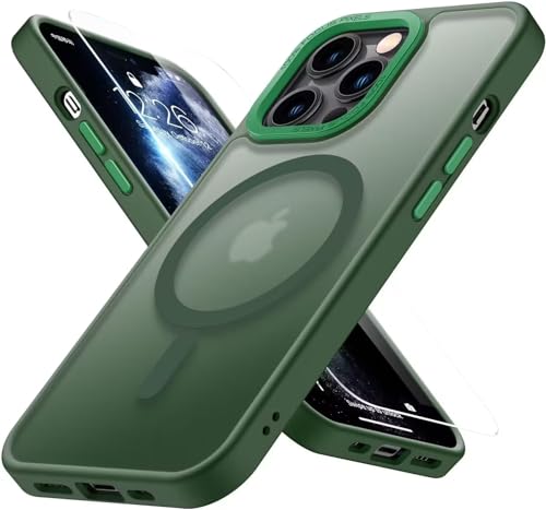 LUHOURI Enhanced Magnetic for iPhone 12 Case,iPhone 12 Pro Case with Screen Protector - Wireless Charging Compatible, Military-Grade Drop Tested, Slim Fit Shockproof Matte Cover - Pine Green