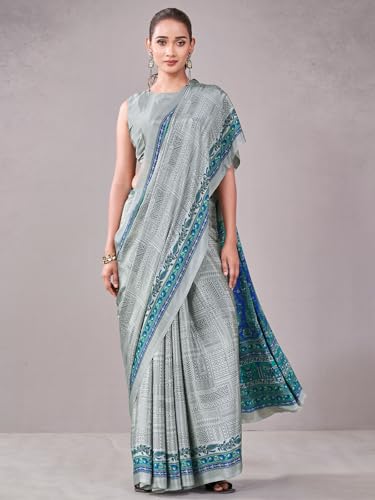 Image of Satrani Women's Crepe Printed Saree with Unstitched Blouse Piece