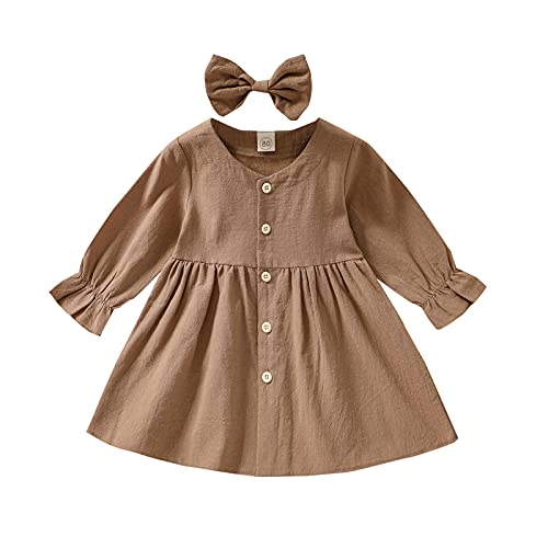 YQYJA Kleinkind Baby Mädchen Kleid Langarm Festes Kleid Lässige Minirock Headwear 2Pcs Frühling/Herbst Kleidung (Khaki, 2-3 Jahre) Cover