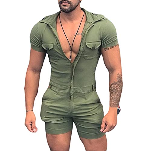 DaDuo Hoodie Herren Sommer Slim Fit Reißverschluss Taschen Herren Jumpsuit Trend Tasten Einfarbig Herren Kurzarm Klassisch Persönlichkeit Herren Rompers B-Green XL