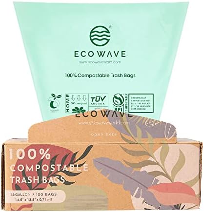 ECO WAVE 100% Compostable Trash Bags, 1.6 Gallons, 100 Bags 0.71 Mil, ASTM D6400, EN 13432, US BPI and Europe OK Compost Home Certified Biodegradable Trash Bags