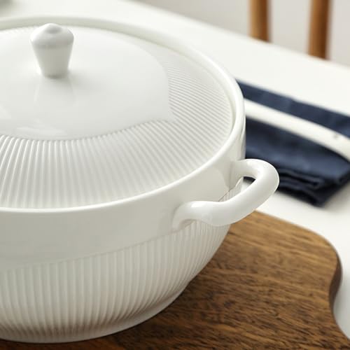 Elegancka ceramiczna miska do zupy z pokrywką, pojemność 3 l, trwała porcelanowa miska do serwowania z uchwytem i łyżką, nadaje się do kuchenki mikrofalowej i zmywarki, 1,8 l