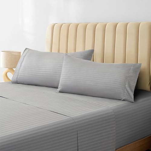 Image of LuxClub Striped Sheets, 3 PC Striped Bed Sheets Twin Size, Deep Pockets 18 inch Eco Friendly Wrinkle Free-Kids-Fitted Sheets Machine Washable Hotel Bedding (Twin XL, Light Grey)