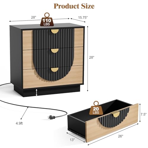 Image of 3 Drawer Nightstand with Charging Station, 28 inch Fluted Night Stand & Modern Bedside Table, Wood End Table Storage Cabinet for Bedroom Hallway, Entryway, Black Set of 2