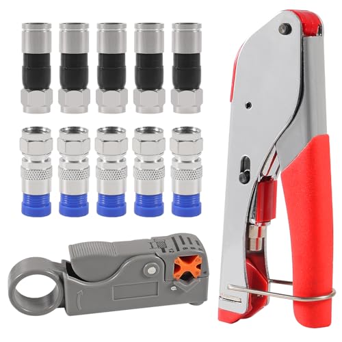 10Pcs F Type RG6 Compression Connectors Coaxial Cable Crimper Kit with Wire Stripper Repair Tool Compatible with RG59 RG6 RG11 Compatible Adjustable Tool for Satellite TV Home Use