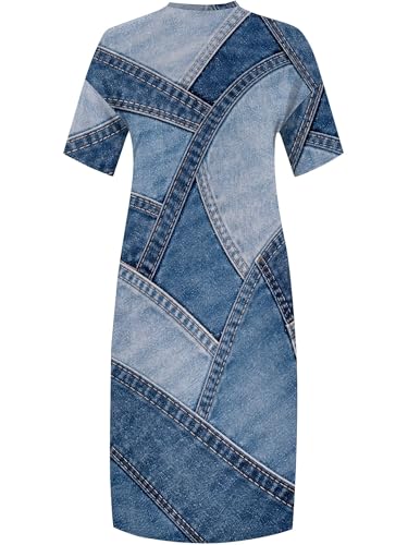 Image of SUZONANA Plus Size Denim Print Maxi Dresses for Women Casual V Neck Short Sleeve with Pockets Soft Jean Look Dress XL-6XL