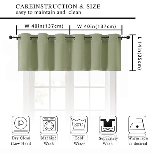 Image of Simplebrand Sage Green Window Valance for Kitchen 14 Inches Long 2 Panels Set, Room Darkening Valance Curtains for Living Room, Grommet Short Privacy Kitchen Curtains for Bedroom Kids Room, 40Wx14L