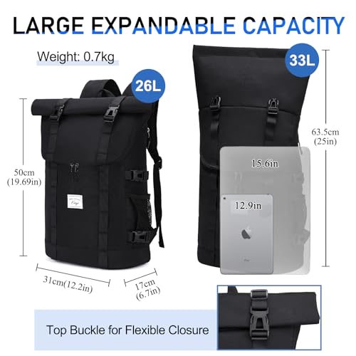Kasqo Rolltop Backpack, Water-Resistant Backpack with Laptop Compartment for 15.6 Inch Computer Men Women 26L-33L Daypack2