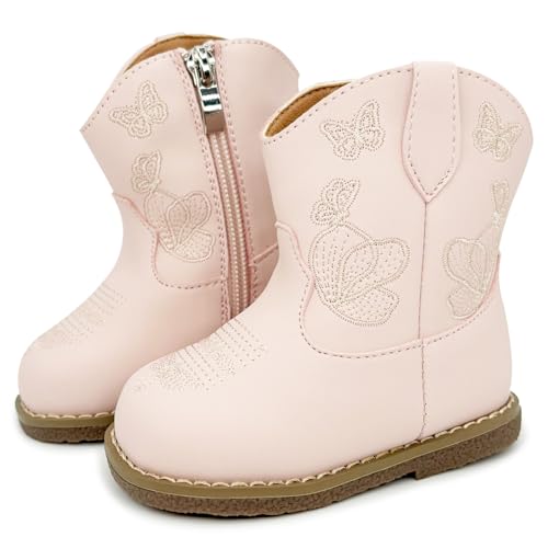 iSusuJo Baby Cowgirl Cowboy Boots Infant Boys Girls Western Booties Round Toe Riding Mid Calf Boots for All Seasons for 6 9 12 15 18 24 Months Pink Size 12-18 Months Infant