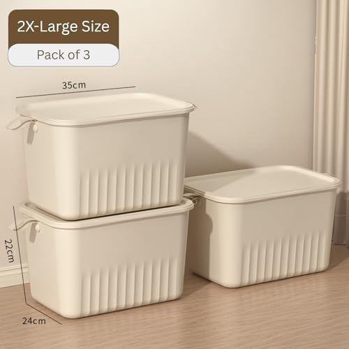 Image of HoopVool Multi Purpose Plastic Storage Bins Stackable Organizer Boxes with Lids, Stackable Crates for Home & Kitchen, items like books, clothes, snacks, toys. (Pack of 3, Large)
