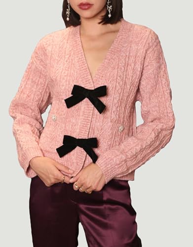 Image of Women's Bow Front Cardigan Cropped Button Button Down V Neck Cropped Cable Knit Sweater Tops Pink