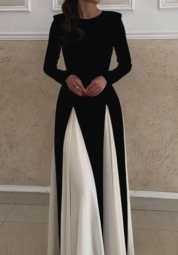 Unybwonn Wedding Guest Dresses for Women Elegant Patchwork Pleated Swing Long Dress Color Block Formal Flowy Maxi Dress3