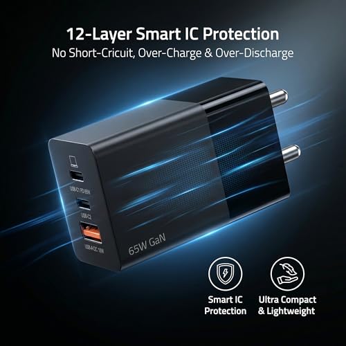 Image of Artis 65 Watt GaN Laptop Adapter with 3 Ampere 1 Meter Braided Cable Included. PD+PPS USB-C & QC USB-A Technology Power Adapter. Universal Compatibility for Laptops, Tablets & Smartphones.