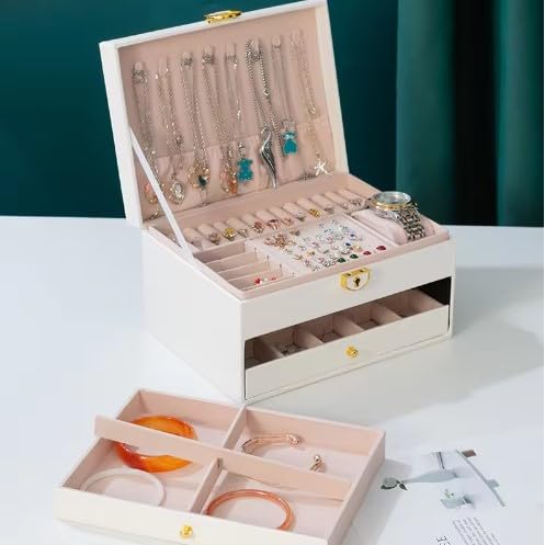 Image of KRISHYAM Jewelry Boxes for Women - 2-Layer Lockable Waterproof Leather Jewelry Box | Ideal for Rings, Bracelets, Earrings, Necklaces, Gifts, Watches (White)
