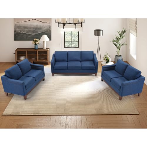 Image of Modern 3 Piece Sofa Set with Rivets, Included Chenille Loveseat 2-Seater Sofa Set of 2, and Upholstered 3-Seater Couches with Solid Wood Legs, Living Room Furniture Set,Blue