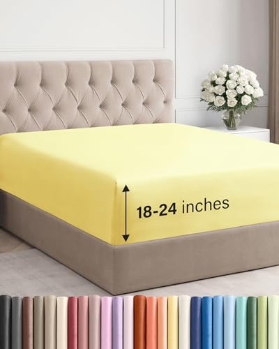 Image of Extra Deep Cal King Fitted Sheet - Single Fitted Sheet Only - Yellow | Easily Fits 18 inch to 24 inch Mattress, Soft, Wrinkle Free, Breathable & Comfy, Extra Deep Pockets Hotel Luxury Fitted Sheet