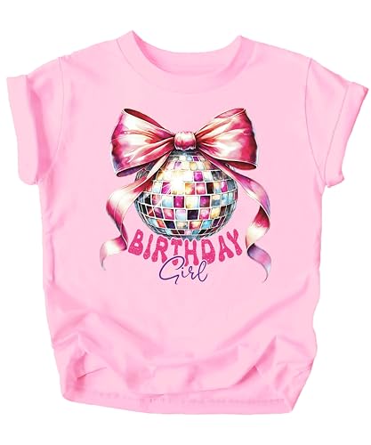 Birthday Girl Coquette Disco Ball Shirt for Girls Trendy Pink Bow Party Theme T-Shirt for Kids