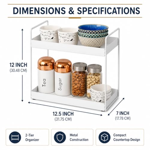 Image of Homeor 2-Tier Metal Countertop Organizer | Heavy Duty Standing Rack for Kitchen Spice Storage & Bathroom Vanity | Multi-Purpose Shelf For Kitchen, Cosmetic & Toiletry Display Shelf, White