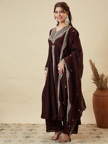 Image of MOKOSH Women's Silk Anarkali Kurta Pant with Dupatta | Anarkali Kurta Set | Embroidery | Indian Kurta Outfit With Pant | Ethnic Kurta | 3 Piece Outfit