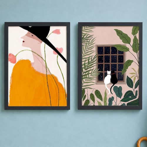 Image of PAINTINGMANTRA Girl with Hat Green Leaf Framed wall art Painting for Kids Room, cartoon Wall Art For living room, Office, Set of 2, 13x18 Inch
