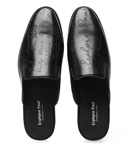 Image of Men's Loafers Backless Genuine Leather Brand Logo Embossed on The Upper Tabacco Mules Black Shoes US 10.5
