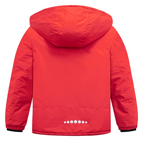 UMMTOM Wasserdichte Skijacke für Jungen, mit Fleece gefüttert, warm, Winterjacke mit Kapuze, Winterjacke für Kinder (einfarbig, rot, Größe 5–6)