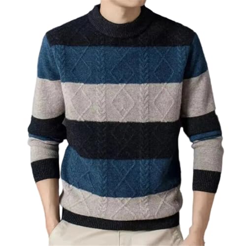 Mens Winter O-Neck Sweater Patchwork Striped Thicken Warm Knit Pullover