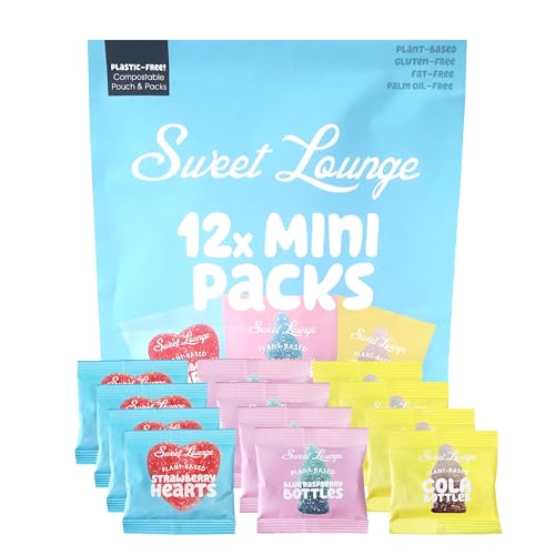 Vegan Fizzy Sweets 12x Mini Packs by Sweet Lounge | Plant-Based Gummy Mix (Strawberry Cola Raspberry) | Plastic-Free Gluten-Free On-the-Go Treats 12x25g