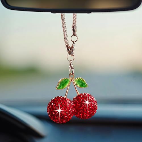 Bling Cherry Car Hanging Ornament Cute Crystal Rear View Mirror Pendant Sparkly Diamond Rearview Mirror Charms Lucky Car Interior Decor Accessories (Red)