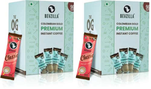 Image of Bevzilla 96 Instant Hot & Cold Coffee Powder Sachets /Pouches (Colombian Gold) - 192 Grams|Arabica Coffee | Best For Espresso, Latte, Cappuccino|Enjoy Hot & Cold (Pack of 2)