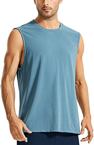 CRZ YOGA Men's Lightweight Pima Cotton Tank Tops Crew Neck Moisture Wicking Sleeveless Shirts Workout Muscle Undershirts Slate Blue Large
