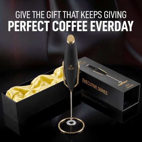 Image of Zulay Kitchen Powerful Milk Frother Wand With Duracell Batteries - Ultra Fast Handheld Drink Mixer - Electric Whisk Foam Maker for Coffee, Lattes, Cappuccino & Matcha - Z1 Motor - Exec Black Gold