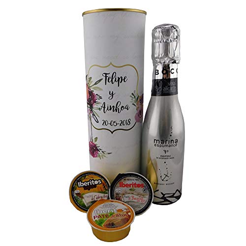 Lote de 6 unidades Lata PERSONALIZADA con abre fácil con Marina Espumante, Paté de atún, Paté de Bacalao con ajo y pastel de cabracho