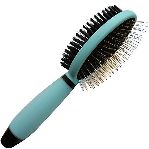 Iconic Pet Double Sided Bristle and Hard Pin Brush with Silica Gel Soft Handle, Blue