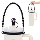 Water Bottle Handle & Straw Covers Cap- Soft and Durable Silicone Water Bottle Holder, Sling, Lanyard, Carrier with Strap - Fits 8-40oz Water Bottles - Compatible Stanley cup Accessories (Black)