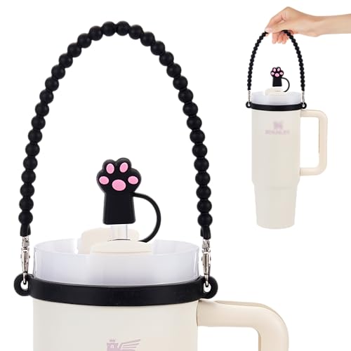 Water Bottle Handle & Straw Covers Cap- Soft and Durable Silicone Water Bottle Holder, Sling, Lanyard, Carrier with Strap - Fits 8-40oz Water Bottles - Compatible Stanley cup Accessories (Black)