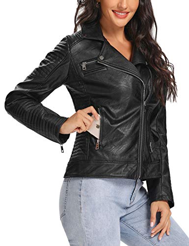 First Way Women's Faux Leather Jacket With Pockets Moto Biker Short Coat Slim Fit Pu Outwear For Fall And Winter Black-A S #TOP3