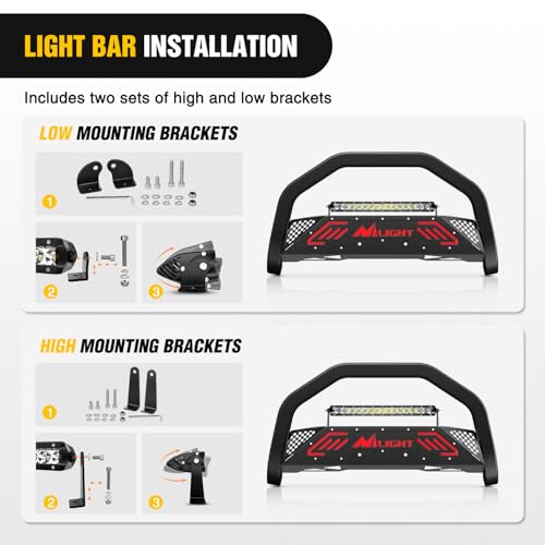 Image of Nilight Bull Bar&License Plate Hole with LED Light Bar Compatible with Ford Ranger 2019 2020 2021 2022 2023 2024 2025 2026 Truck Brush Guard, Front Bumper Push Bar w /Grille Skid Plate Light Mount