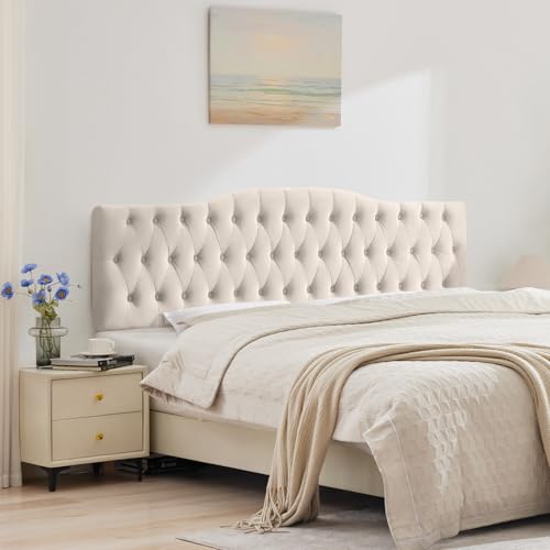 Iroomy Upholstered California King Headboard, Button Diamond Tufted Headboard with Adjustable Height and Solid Wood Leg, Velvet Padded Headboards for King Size Bed, Modern Head Board, Beige Velvet