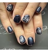 Navy Blue Press on Nails Short Square Fake Nails White Snowflake Glitter Design False Nails Gloss...