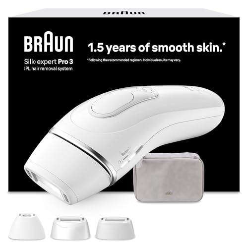 Braun Luz Pulsada Silk·expert Pro 3, Alternativa a Depiladora Laser, Eliminación del Vello en Casa, Depiladora IPL con Funda Y 3 Cabezales para Cara Y Cuerpo, Blanca/Plateada, PL3230