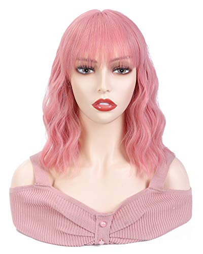 Alicoco Pink Wigs for Women Short Wavy Wig with Bangs Party Wig Synthetic Curly Bob Wigs Cosplay Use Light Wig 12inches…