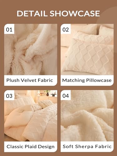 Image of Tufted Fleece Comforter Set King - Super Soft Warm Fluffy Shaggy Bedding Sets, Diamond Plaid Jacquard Bed Set for Winter, 1 Sherpa Comforter with 2 Pillow Cases (104 inchX90 inch Ivory White)