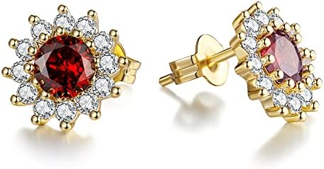 Coodilor Flower Stud Earrings for Women and Girls, 925 Sterling Silver 14K Yellow Gold Plated Earrings with Cubic Zirconia, Garnet
