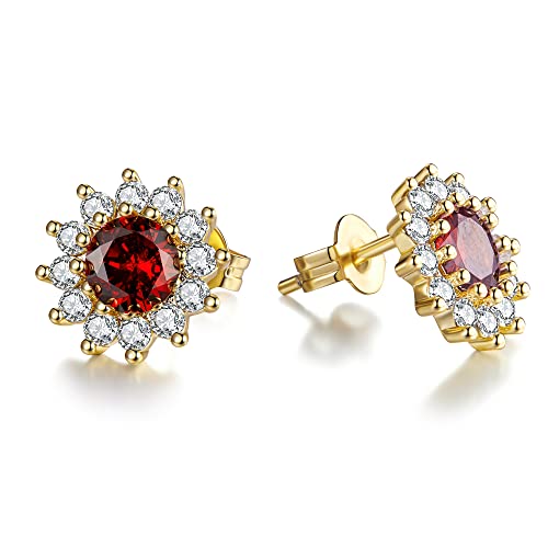 Coodilor Flower Stud Earrings for Women and Girls, 925 Sterling Silver 14K Yellow Gold Plated Earrings with Cubic Zirconia, Garnet