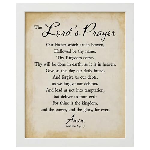 The Lords Prayer Wall Art - Christian Wall Decor, Vintage Parchment Print with Inspirational Bible Quotes for Living Room, Office, Church & Home Decor (White Framed, 8 x 10 inches)